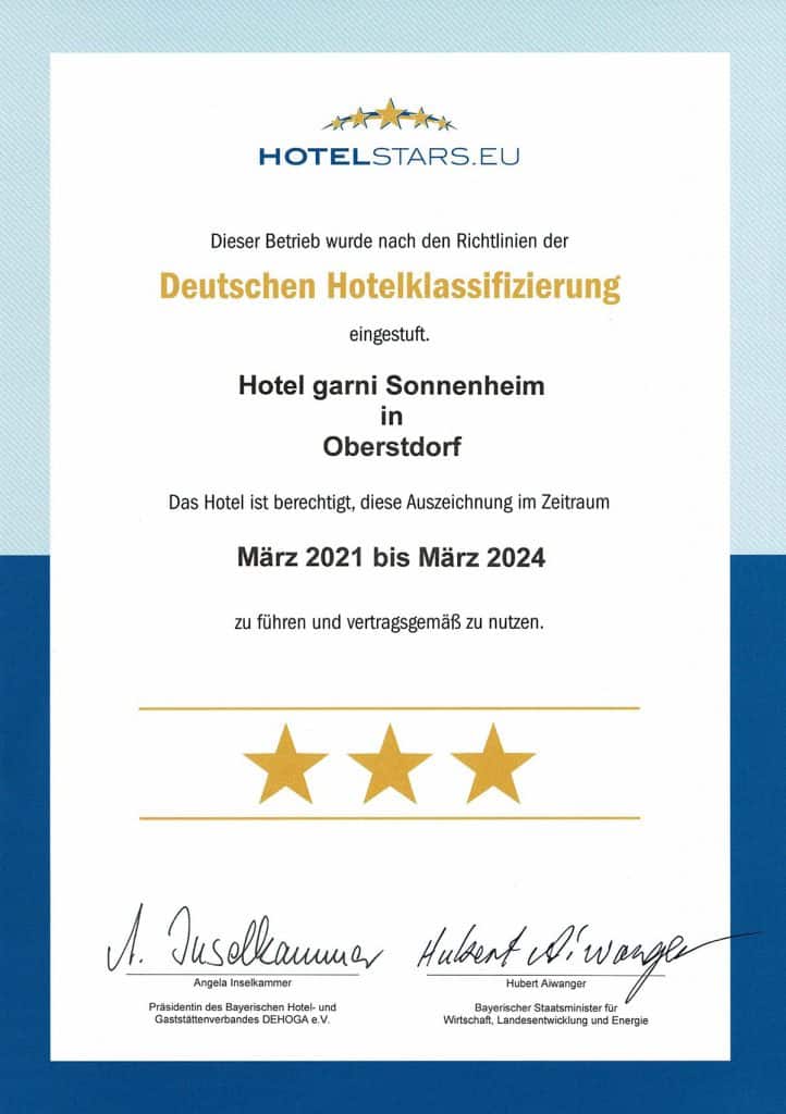 3 Sterne Hotelklassifizierung Hotel garni Sonnenheim