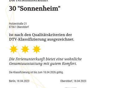 Sonnenheim Ferienwohnung 30 - 3 Sterne DTV-Klassifizierung Urkunde